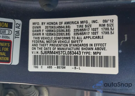 2012 Honda Cr-V Ex z USA, uszkodzony, nr VIN 5J6RM4H57CL083443